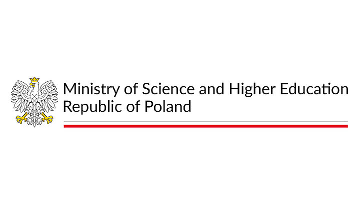 On the left, the white eagle logo. On the right, black text: "Ministry of Science and Higher Education. Republic of Poland". Two long white and red stripes below the text.